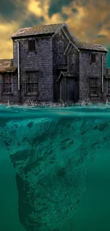 Underwater house with dramatic sky.