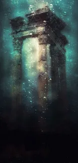 Enigmatic underwater temple with ancient pillars in a teal blue setting.