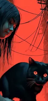 Mysterious urban art with black cat and red background.