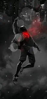 Mysterious figure with red emblem leaping in dark cityscape wallpaper.