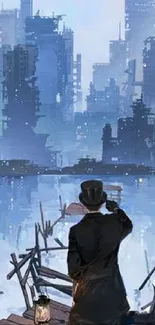 Lone figure overlooking a futuristic cityscape on a mobile wallpaper.