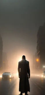 Silhouette in a foggy city street at night with bright lights.