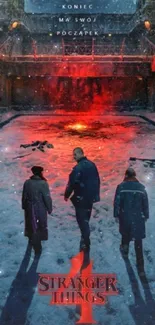 Three figures in a dark, snowy urban scene with a red glow, creating a mysterious atmosphere.