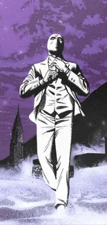 Silhouetted figure walks in a suit under purple city sky.