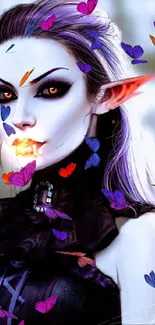 Mysterious vampire character with red eyes and purple hair in fantasy art style.