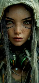 Mysterious warrior with hood and vivid green eyes in a digital artwork.