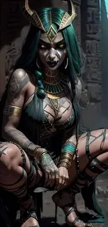 Mysterious fantasy warrior goddess with dark teal accents.