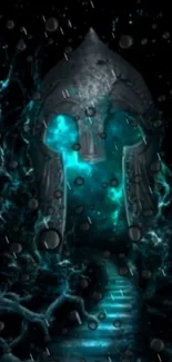 Aqua glowing warrior helmet on dark background wallpaper.