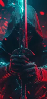 Hooded warrior holding a sword with red and blue glowing background.