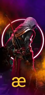 Mysterious warrior in neon lights with purple and orange hues on a mobile wallpaper.