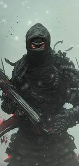 Mysterious dark ninja warrior with red accents on mobile wallpaper.