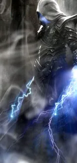 Hooded warrior shrouded in mist and lightning on mobile wallpaper.