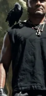 Warrior with a raven in a mystical forest.