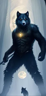 Mystical werewolf in a moonlit forest with a glowing ambiance