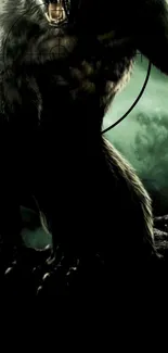 Dark werewolf in eerie forest wallpaper.