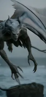 Ancient winged creature flying over ocean in mystical art.