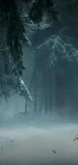 A mystical forest scene blanketed in snow, evoking a serene winter atmosphere.