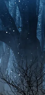 Dark blue forest with snowflakes on a winter night.