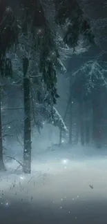 Peaceful snow-covered forest with misty trees.