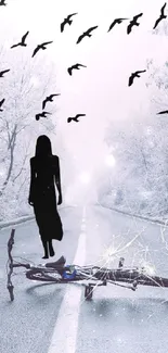 Mysterious winter road with bicycle and silhouette, birds flying above.