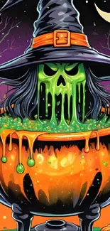 Cartoon witch stirring cauldron with glowing green liquid.