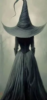 Mystical witch in a foggy forest wearing a tall hat and dark dress.