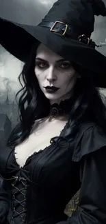 A gothic witch with piercing eyes in a dark, mysterious setting.