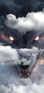 Wolf face emerging through mystical clouds on mobile wallpaper.