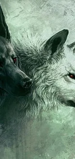 Mystical wallpaper featuring two wolves with red eyes against a teal background.