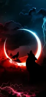 Silhouette of a wolf against a glowing crescent moon with a dynamic red-blue sky.