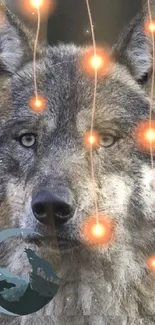 A wolf surrounded by glowing orbs in nature.