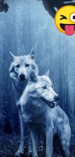 Two wolves in a misty forest with an emoji, creating a mysterious atmosphere.