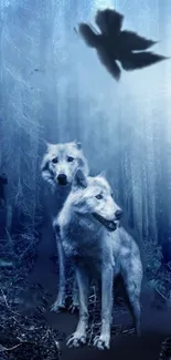 Two wolves in a misty blue forest with birds above.