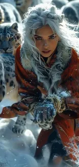 A mysterious woman with snow leopards in a fantasy scene.