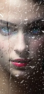 Mysterious woman behind rain-soaked glass with vibrant colors.