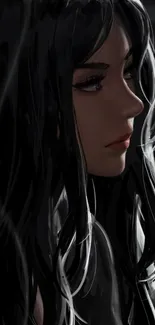 Digital art of a mysterious woman with dark hair in profile view.