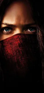 Mobile wallpaper of a woman with blue eyes and a crimson scarf.