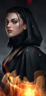 Mysterious woman in a black cloak with a dark, moody background.