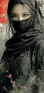 Mysterious woman in veil with red accent.