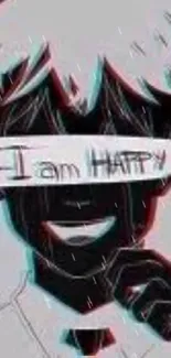 Intriguing black and white anime character art with 'I am happy' text obscured.