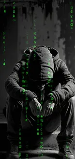 Hooded figure with green digital codes on a gray background.