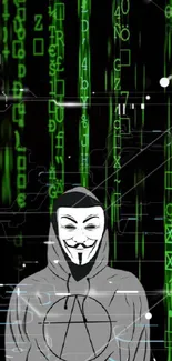 Hacker-themed wallpaper with green code and masked figure.