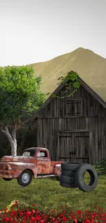 Farmhouse with masked figure, vintage truck, and lush greenery.