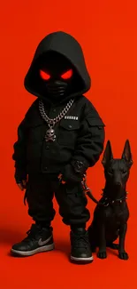Hooded figure with glowing eyes and sleek dog on red background.