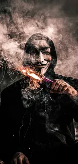 Mysterious masked figure holding a smoke flare.