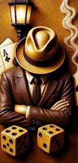 Mystery gambler artwork with cards and dice.