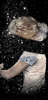 Artistic wallpaper of a girl dissolving against a starry black background.