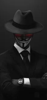 Mysterious figure in black suit and hat with red eyes.