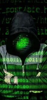 Hooded figure with green digital code overlay wallpaper.