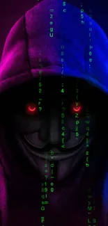 Mystery hacker in a hooded mask with red eyes on a purple background.